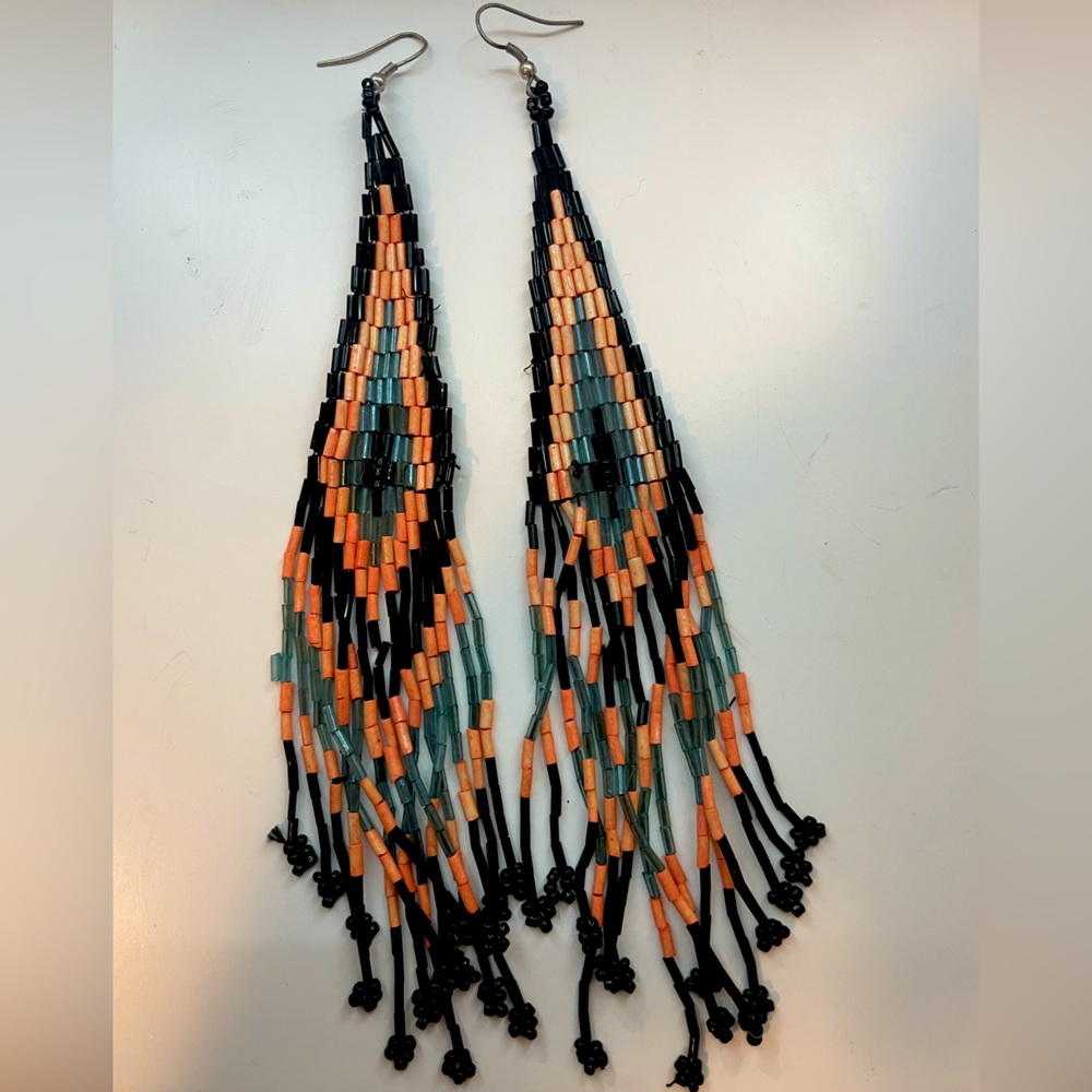 Large VINTAGE statement handmade beaded tribal chandelier long dangle earrings